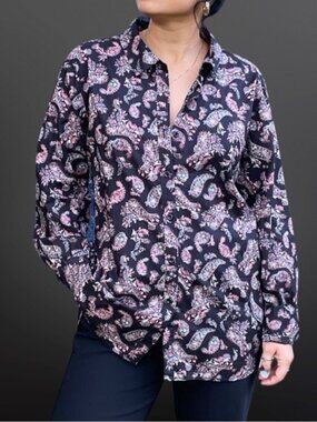 [New] Garnet Hill (6) Black Pink Gray Paisley Button Down Roll Up Cuff Shirt